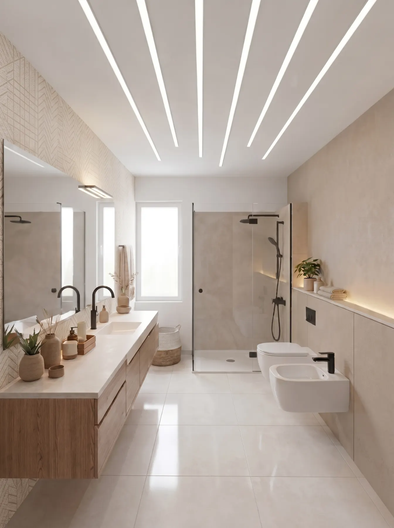 Bagno di giorno con lame di luce a soffitto