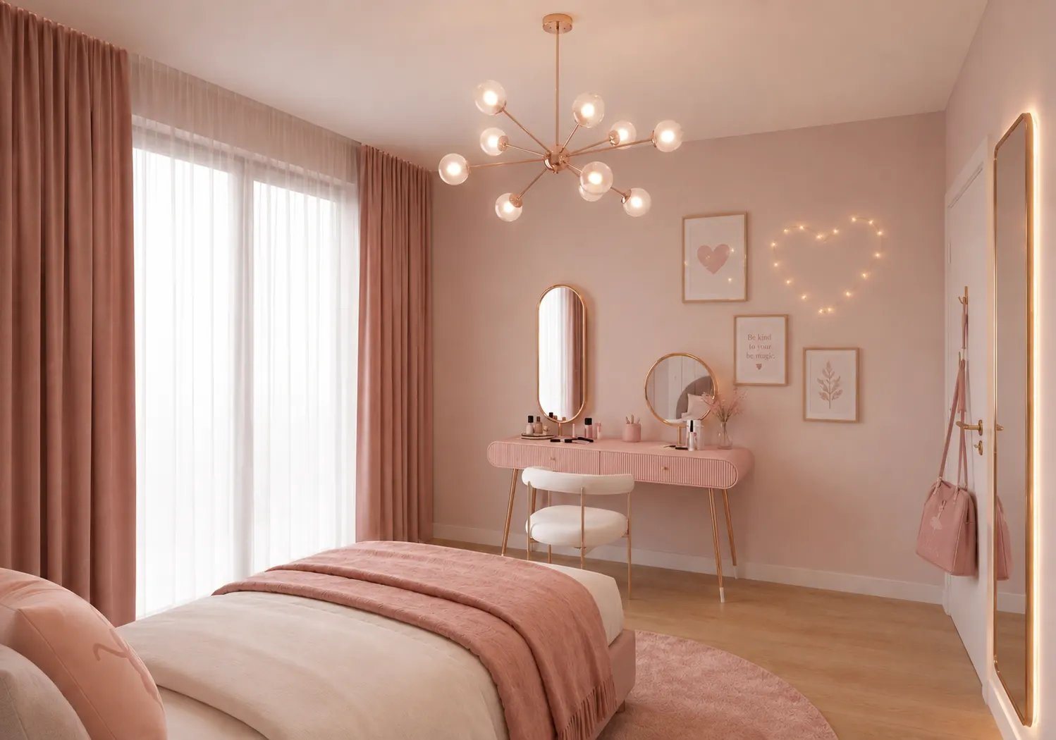 Camera da letto in tonalità cipria con toeletta e lampadario a sfere