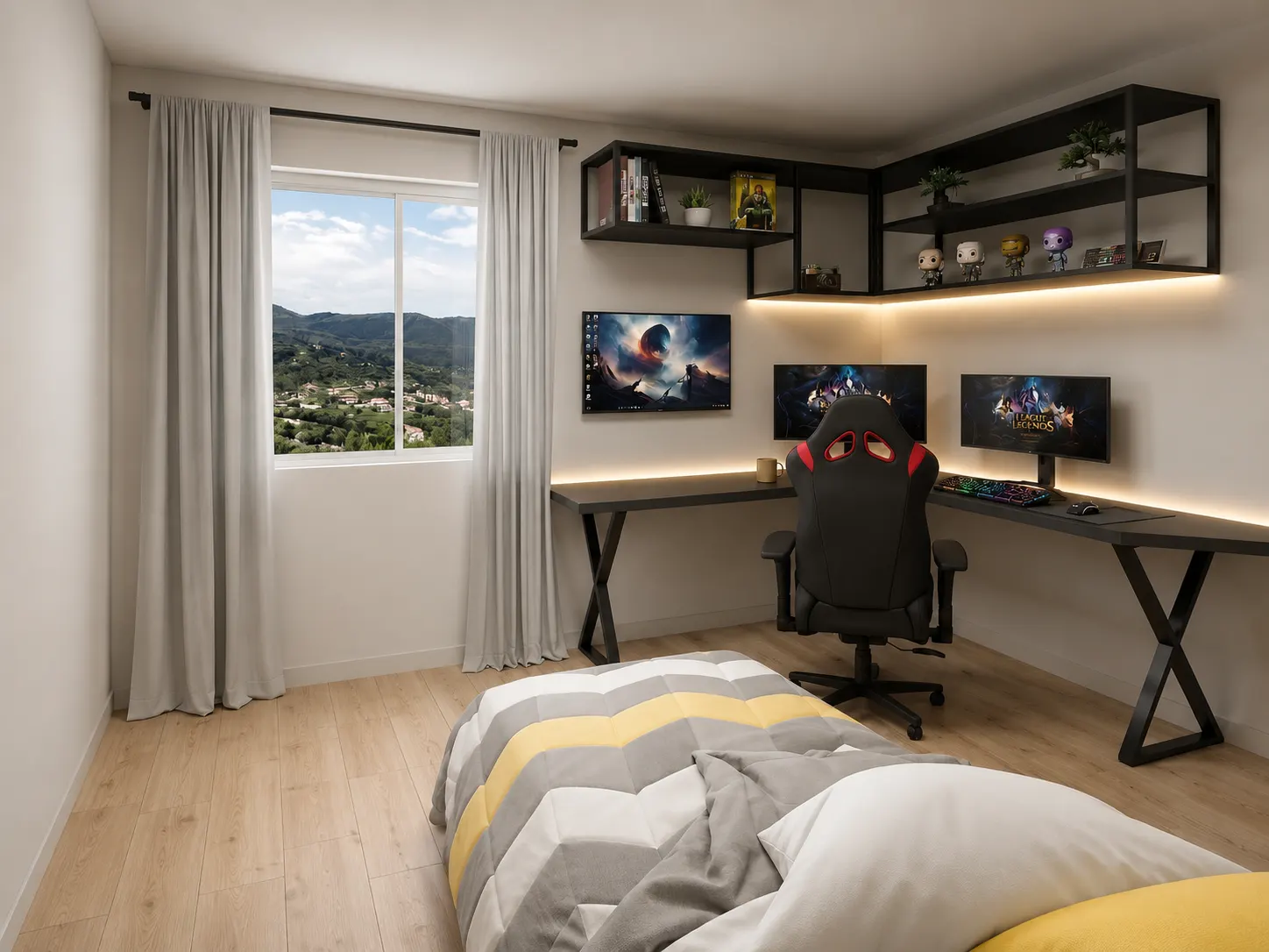 Camera da letto con postazione gaming, doppio monitor e mensole retroilluminate