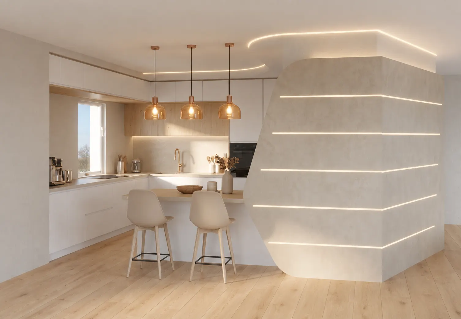 Cucina bianca con penisola e tre lampade a sospensione in vetro ambra