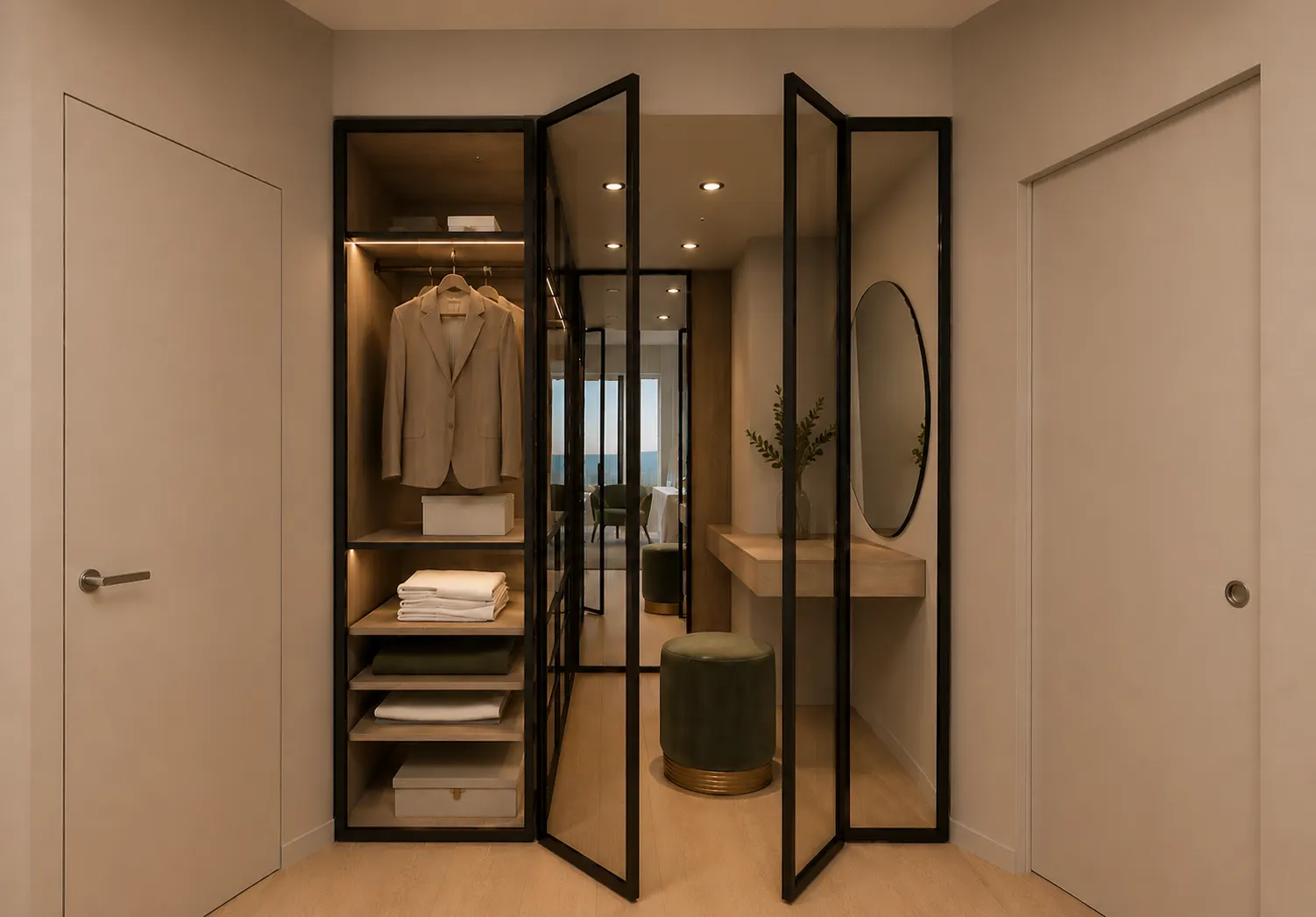Cabina armadio aperta con specchio ovale e pouf verde