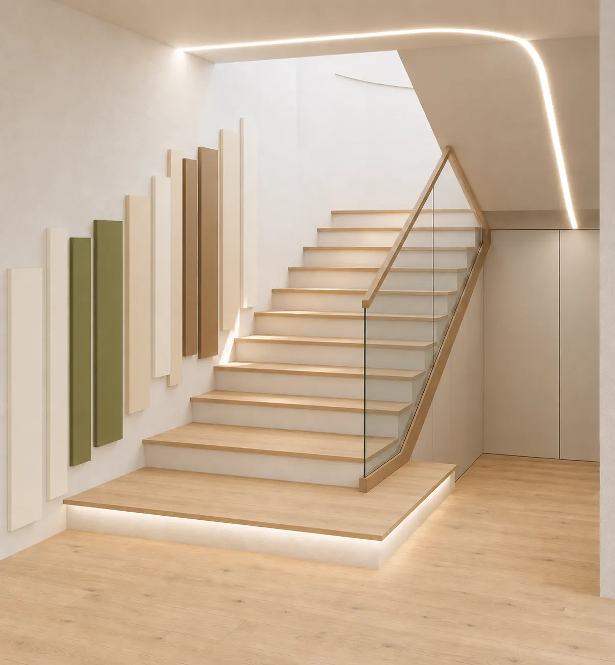 Scala in legno con parapetto in vetro e pannelli decorativi verticali