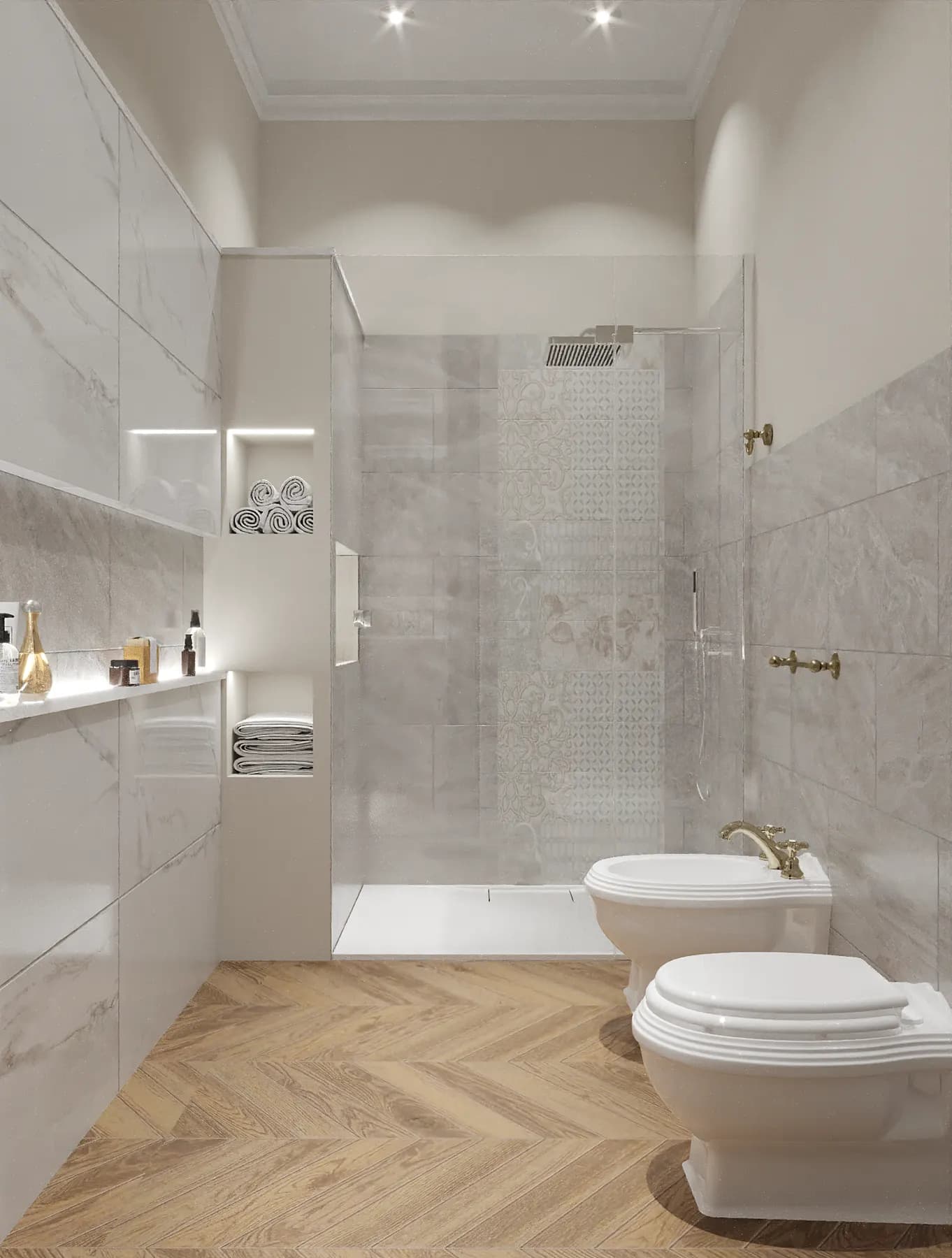 Bagno patronale con pavimento a spina ungherese