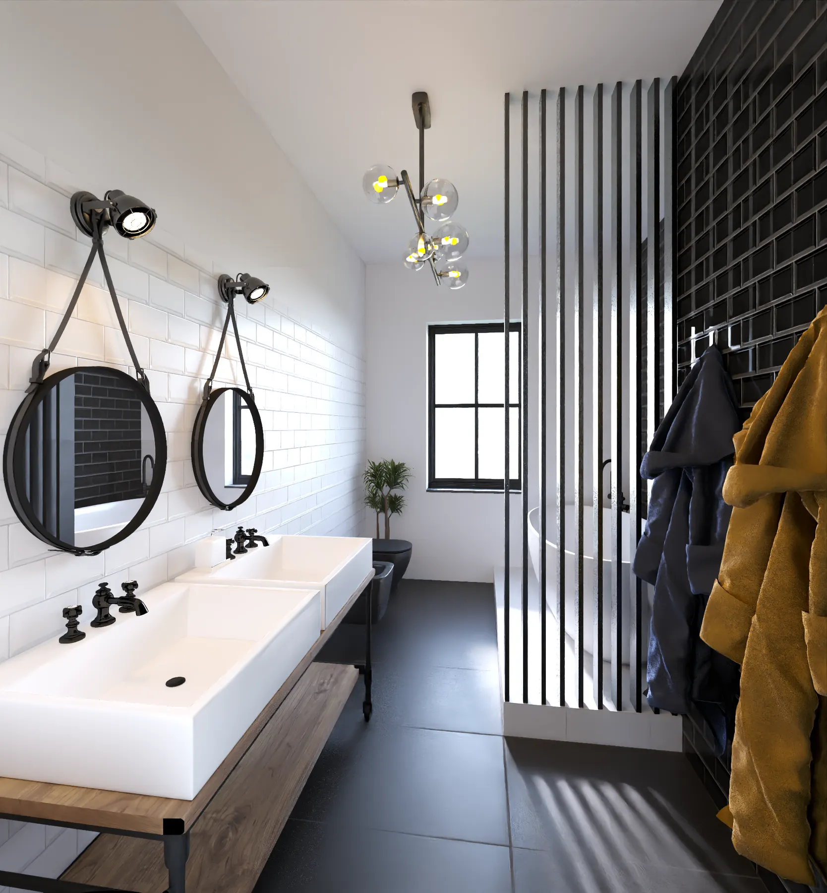 Bagno con doppio lavabo, specchi tondi e frangisole in doghe nere