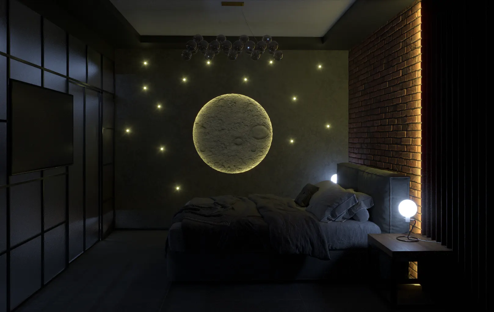 Camera da letto di notte con parete-luna retroilluminata e fibre ottiche