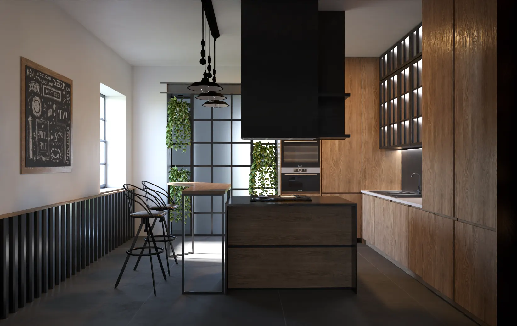 Cucina con ante in legno, cappa nera e vetrata industriale a specchiature
