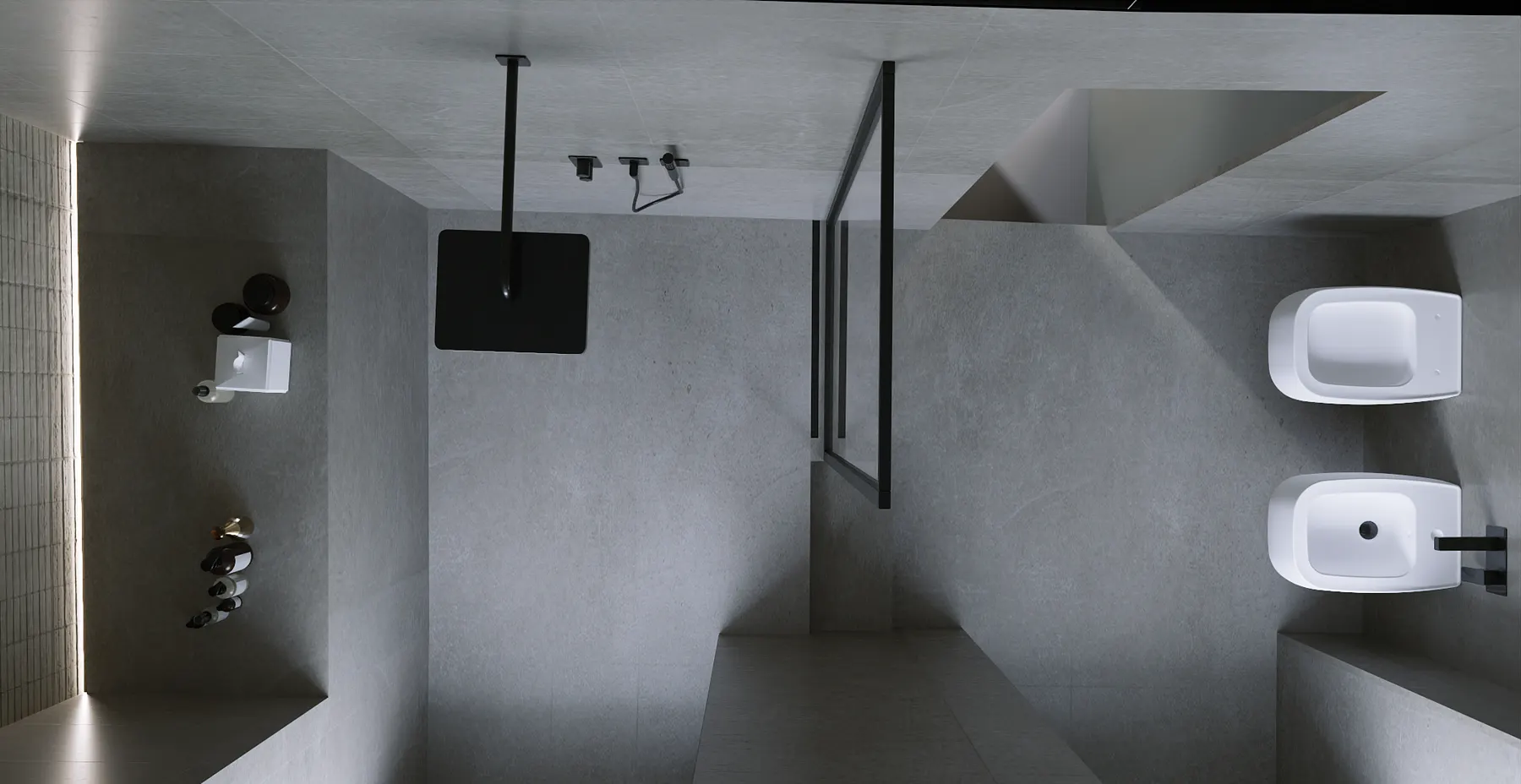 Assonometria dall'alto del bagno sotto falda, senza soffitto