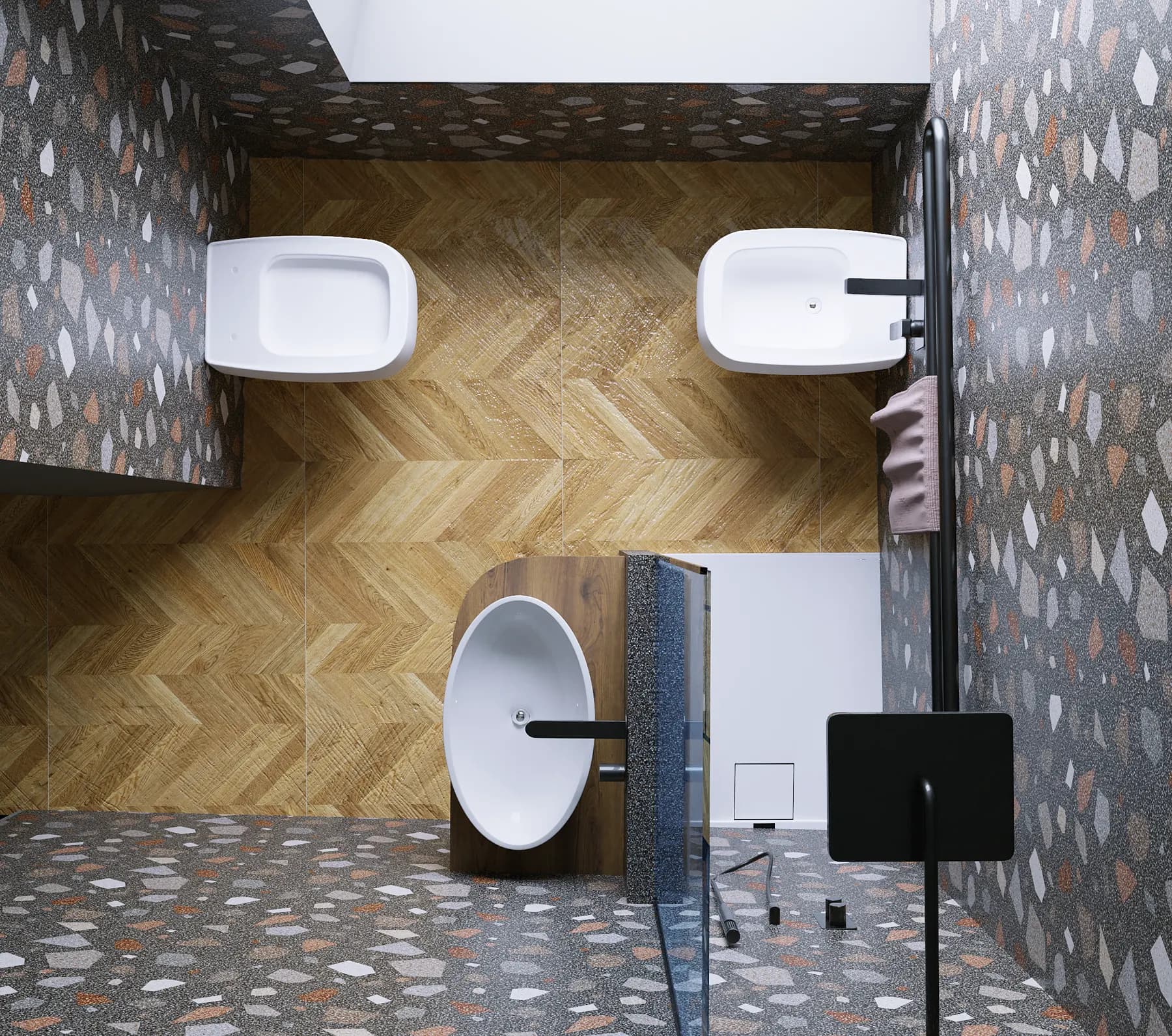 Assonometria dall'alto del bagno in terrazzo, senza soffitto
