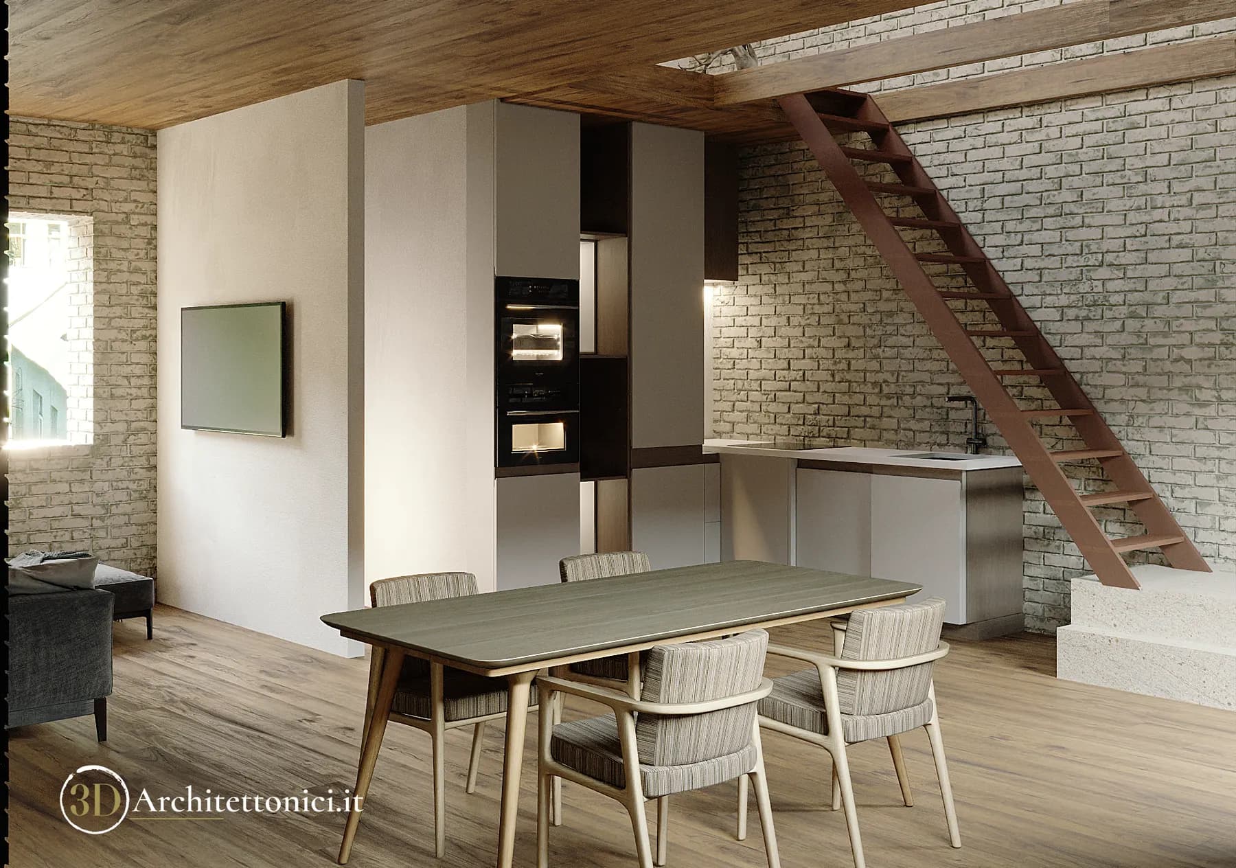 Piano terra con cucina a filo muro, tavolo in frassino e scala rossa sul fondo