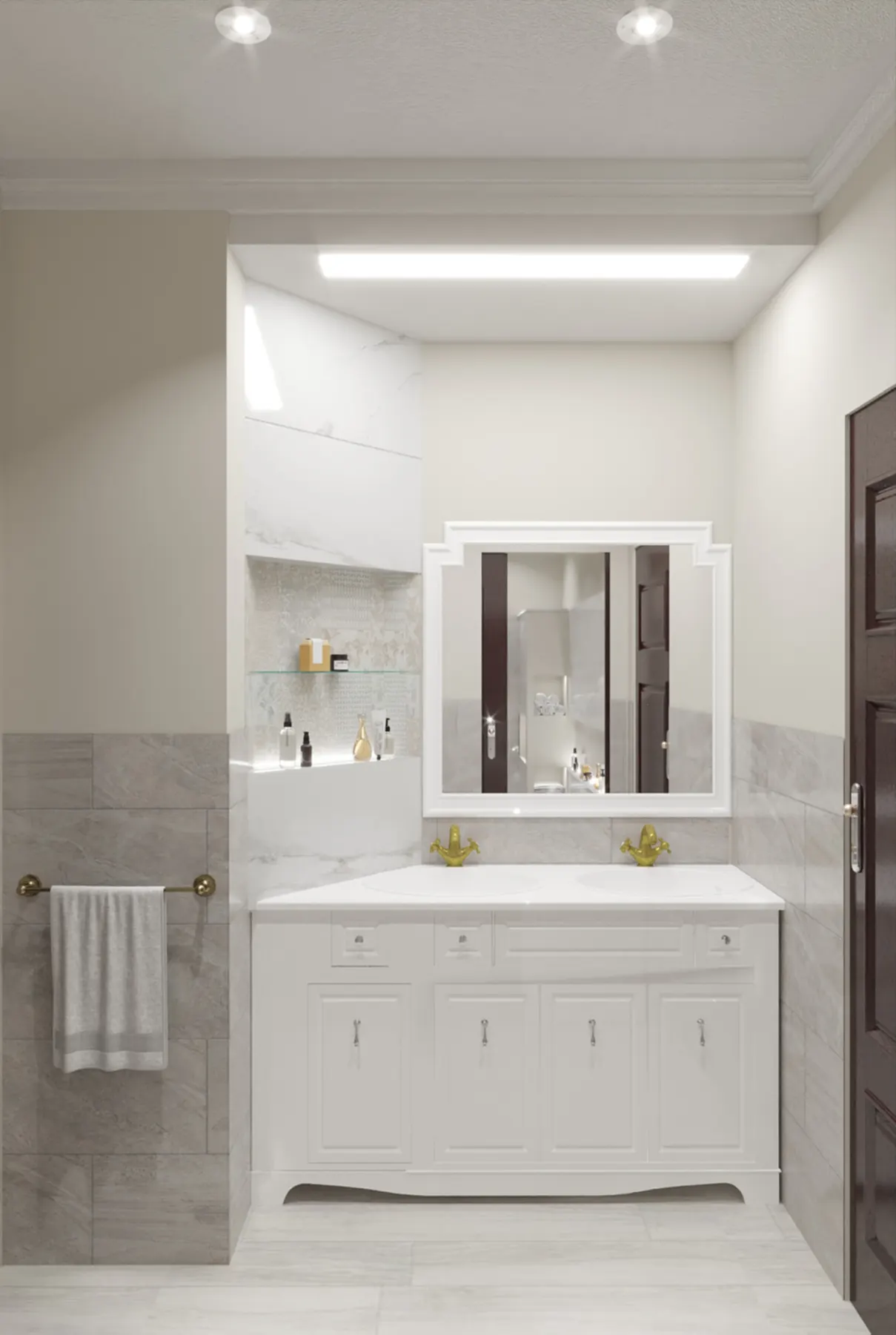 Bagno patronale con mobile a due vasche e specchiera bianca a cornice