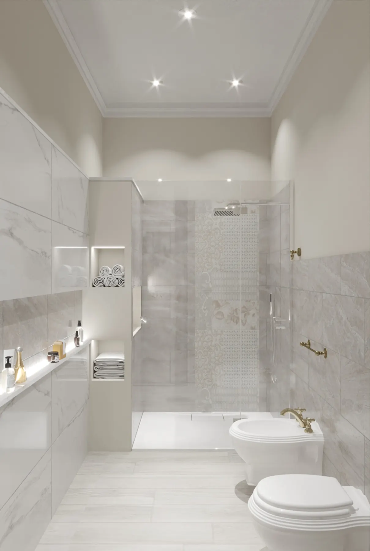 Doccia a filo pavimento con fondale decorato e rubinetteria in ottone