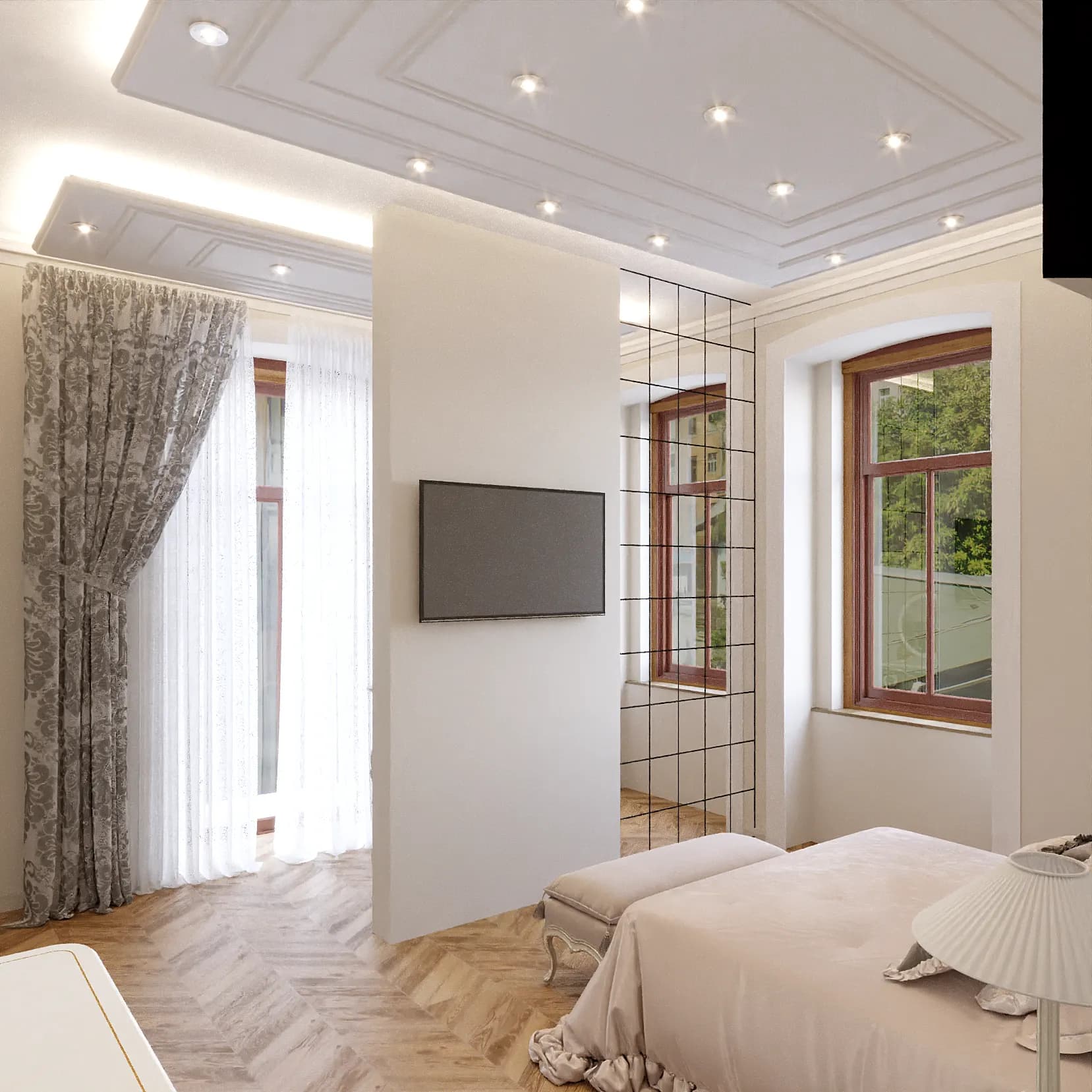 La stessa camera matrimoniale con pavimento in rovere a spina ungherese